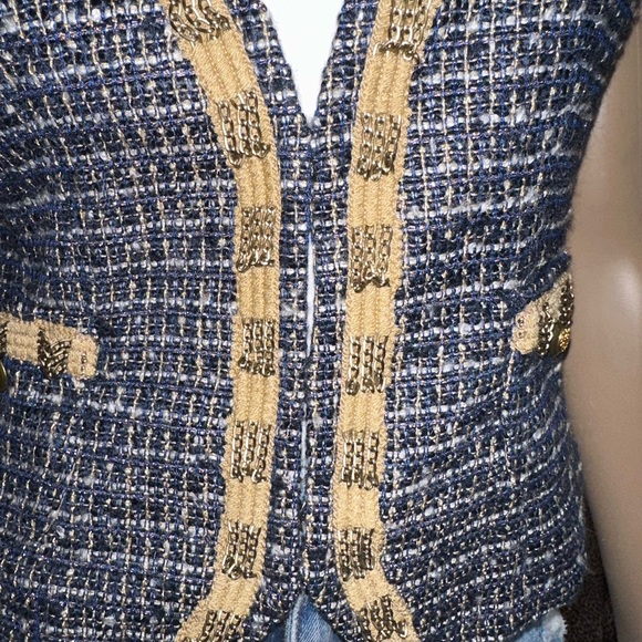 CACHE Tweed Navy Blue/Tan with gold Metallic accent Vest Sz 0 EUC - Picture 7 of 9